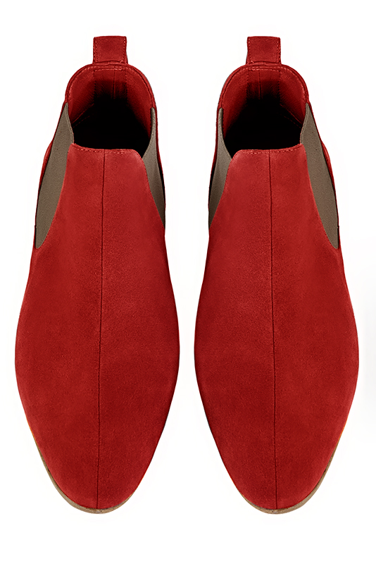 Scarlet red and taupe brown dress ankle boots for men. Round toe. Flat leather soles. Top view - Florence KOOIJMAN